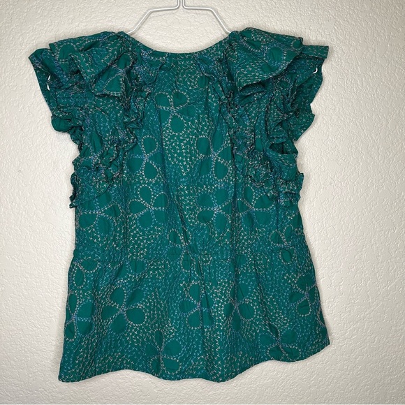 Anthropologie Maeve Ruffled Button Down Green Blouse with Embroidery Size XS - Picture 10 of 16